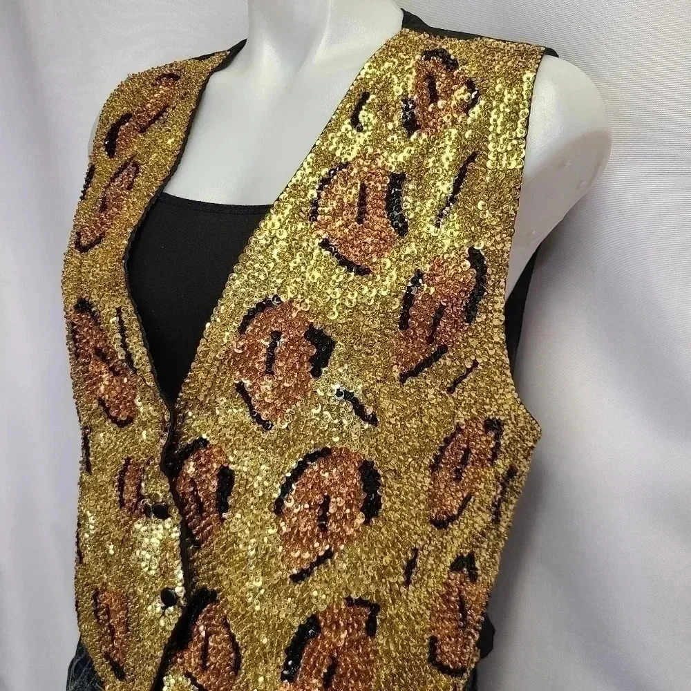 Chantik Vintage Sequin Vest Cat Eye Animal Print Gold Orange Black Rayon - Picture 5 of 13